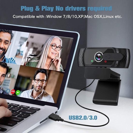 EyonMe W6 HD Webcam met Webcam cover | Webcam met microfoon, met privacy cover  | 1080P FHD | Microfoon met ruisonderdrukking | Plug & Play USB Web Camera Desktop & Laptop Online Vergadering,