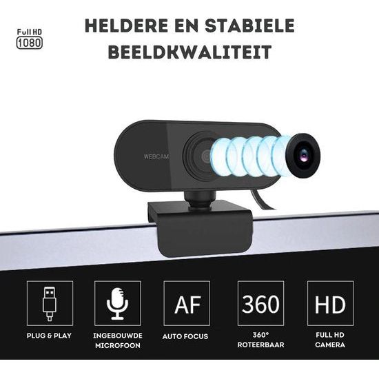 Webcam Full HD - 1080p - Webcam Met Microfoon - USB - Autofocus - Thuiswerken - Webcam voor PC - Zwart - Windows & Mac